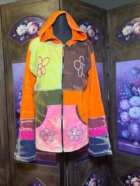 KPC Patchwork Floral Embroidered Orange Boho Hippie Zip Hoodie L/XL
